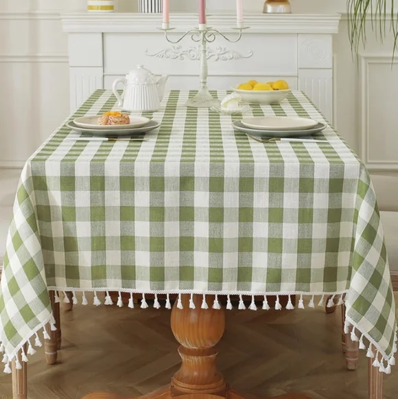 Chic Olive Checkered Tablecloth with Tassels - Picture 2 of 8